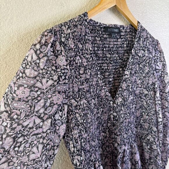 Intermix Silk Blouse Womens Size M Pink Black Floral Smocked Coquette Romantic - Picture 4 of 13